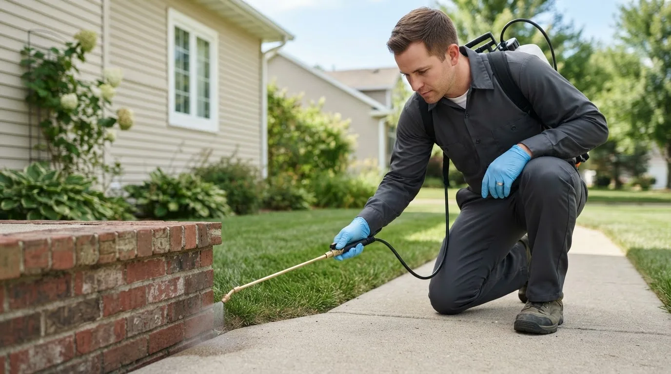 Pest control technician treating a home near Glouster, OH