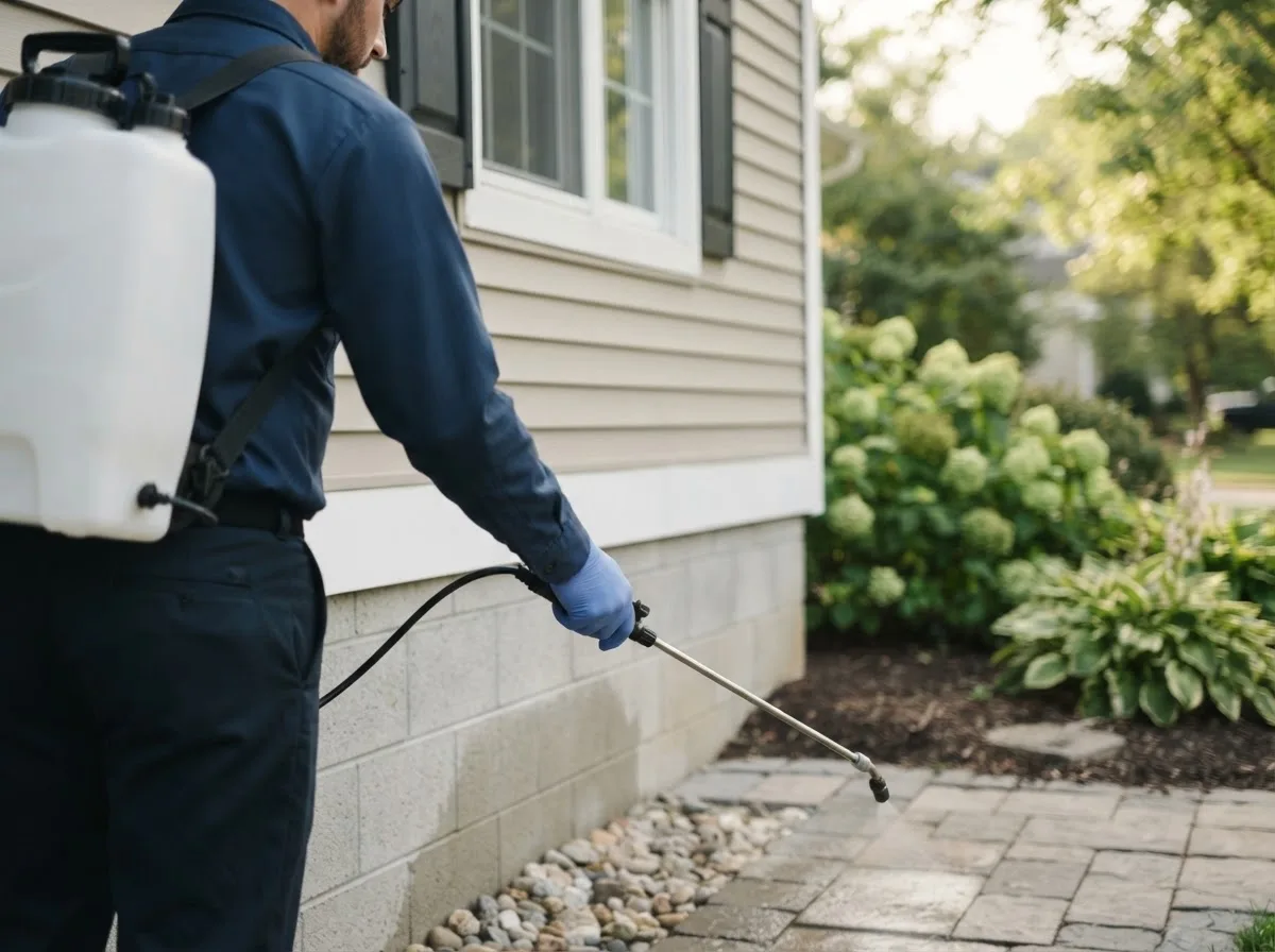 Pest control technician inspecting a home in Glouster, OH